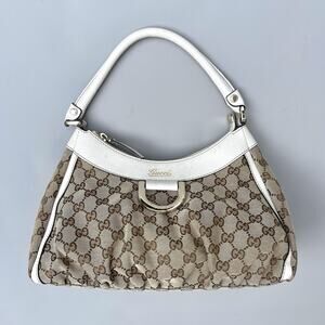 Gucci Abbey Medium MM Monogram And Ivory Leather Hobo Shoulder Bag